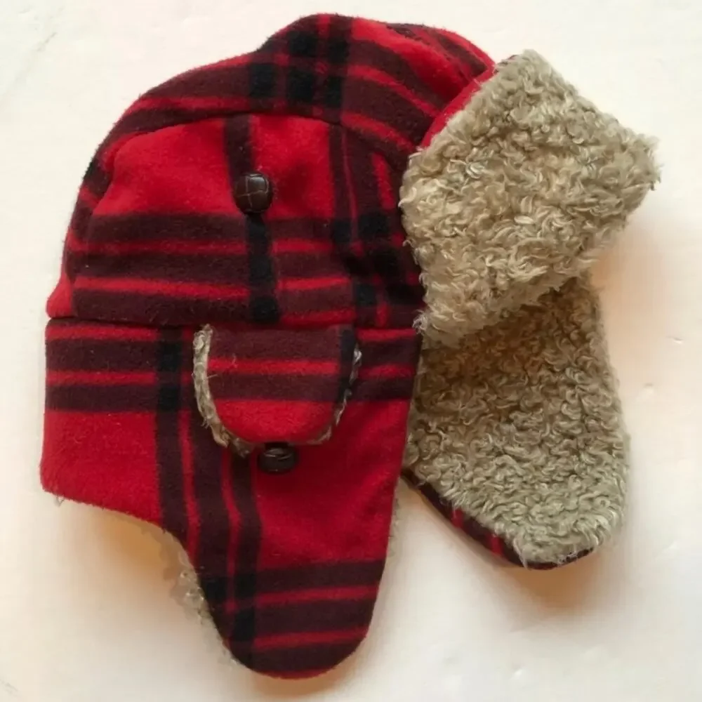 Gap Kids S/M Red & Black Plaid Super Soft Fleece‎ Bomber Hat
